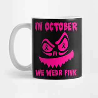 In October We Wear Pink Breast Cancer Jackolantern Halloween Mug